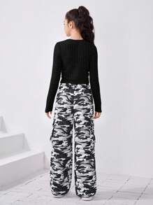 SHEIN Teen Girl Solid Crop Tee & Camo Print Wide Leg Pants - Black - View 2