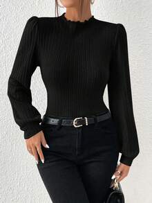 SHEIN Frenchy Camiseta ribete en forma de lechuga de cuello alto de manga farol tejido de canalé - Negro - Ver 3