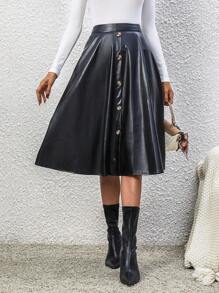 Chiquease 高腰單排釦PU皮革喇叭半身裙 - 黑色 - 查看 5