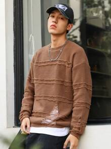 Claim Dot 男士破洞落肩袖套頭毛衣 - 咖啡棕 - 查看 6