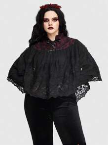 ROMWE PUNK Plus Lace Up Front Lace Cape Blouse - Black - View 4
