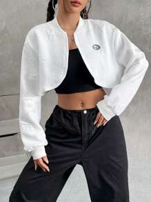 SHEIN EZwear Chi tiết Patched thư Thả vai Mùa vụ Áo khoác bomber - trắng - Xem 1