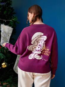 SHEIN X The Smurfs Plus Embroidery Slogan & Cartoon Pattern Drop Shoulder Sweater - Multicolor - View 1
