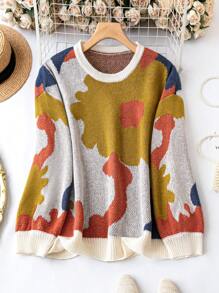 SHEIN LUNE Plus Graphic Pattern Drop Shoulder Sweater Knit Pullover Fall Winter Sweater - Multicolor - View 1