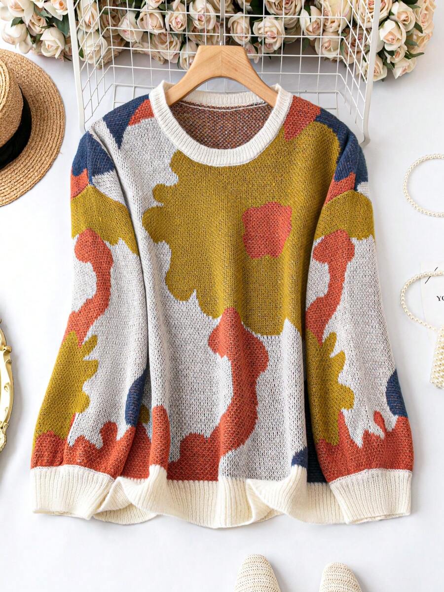 SHEIN LUNE Plus Graphic Pattern Drop Shoulder Sweater Knit Pullover Fall Winter Sweater - Multicolor - View 1