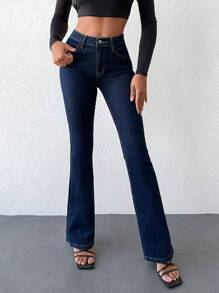 SHEIN Cottnline Women's High Waist Skinny Flared Jeans - Dark Wash - View 1