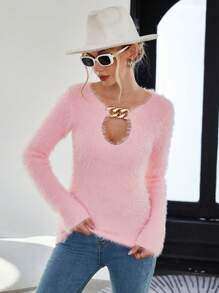 SHEIN Privé 鏈條細節前鏤空絨毛針織套頭毛衣 - 粉色 - 查看 3