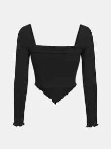 SHEIN Teen Girl Knitted Ribbed Square Collar T-Shirt And Flared Pants Vintage Outfit - Black - View 3