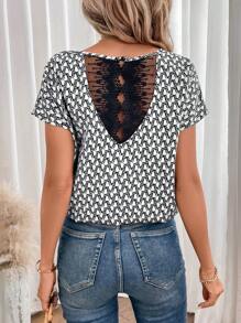 SHEIN Frenchy Allover Print Contrast Lace Batwing Sleeve Blouse - White - View 1