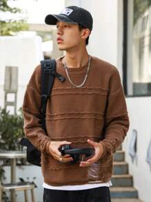 Claim Dot 男士破洞落肩袖套頭毛衣 - 咖啡棕 - 查看 3