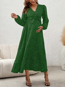 Maternity Polka Dot Print Lantern Sleeve Belted Dress - Multicolor - View 4