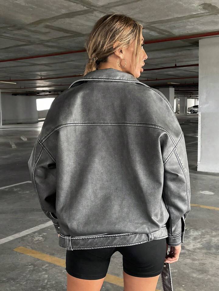 Aveloria Affinna Drop Shoulder Zip Up Belted Moto Jacket