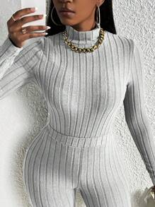 Slaydiva Slayr Casual Home Small Turtleneck Long-Sleeved Rib Knitted T-Shirt And Slit Pleated Trousers Grey Brushed Ribbeds Women's Bodycon Two-Piece Set - Light Grey - View 6