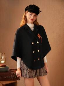 HARRY POTTER X SHEIN Letter Patched Double Breasted Cape Coat - Black - View 5