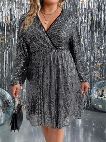 SHEIN Clasi Plus Surplice Neck Lantern Sleeve Sequin Dress