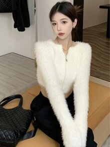 纯色纽扣短款蓬松开衫，长袖上衣，休闲春季款 - 米色 - 查看 7