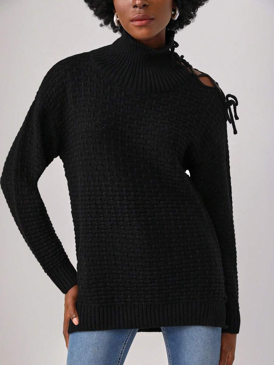 ALBERTI High Neck Lace Up Detail Sweater - Black - View 1
