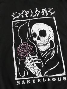 ROMWE PUNK Skull & Floral Print Drop Shoulder Sweatshirt - Black - View 4