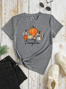 SHEIN LUNE 南瓜和標語圖案T恤 - 灰色 - 查看 1