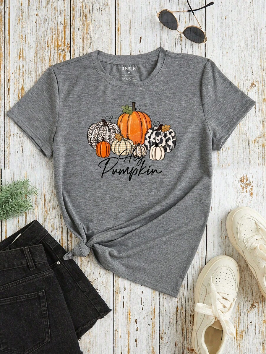 SHEIN LUNE 南瓜和標語圖案T恤 - 灰色 - 查看 1