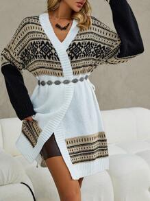 SHEIN Unity Cárdigan sin cinturón de hombros caídos con estampado geométrico - Blanco y Negro - Ver 3