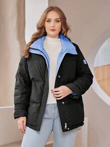 Astrid Plus Zip Up Snap Button Patched Detail Down Coat - Black - View 1