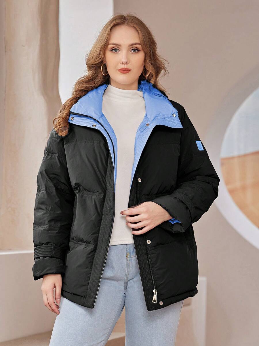 Astrid Plus Zip Up Snap Button Patched Detail Down Coat - Black - View 1