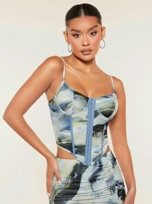 SHEIN BAE 大理石圖案鉤眼扣前緊身吊帶 - 彩色 - 查看 3