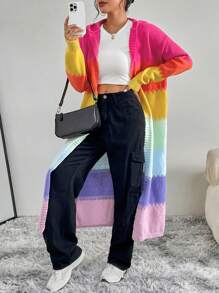 SHEIN Unity Colorblock Drop Shoulder Hooded Duster Cardigan - Multicolor - View 1