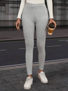 SHEIN LUNE Vẽ Đàn hồi Cao eo Cơ bản Thường xuyên Xà cạp , Giải trí - Xám - Xem 5