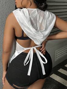 Slaydiva Plus Draped Hooded Tie Backless Mesh Top Without Bra - Hot Pink - View 2