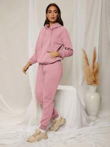 SHEIN SXY Drop Shoulder Drawstring Thermal Lined Hoodie & Sweatpants - Pink - View 4