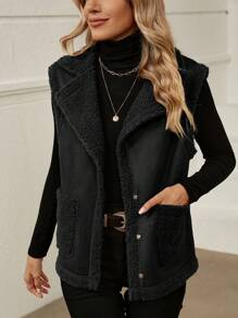SHEIN LUNE Dual Pocket Teddy Lined Vest Jacket In Fall/Winter - Black - View 4
