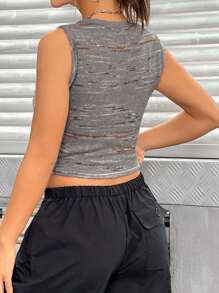 SHEIN EZwear 字母圖案拉鏈開襟短款背心 - 灰色 - 查看 2