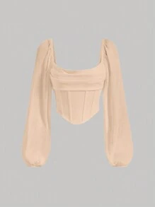 SHEIN MOD Square Neck Lantern Sleeve Crop Top - Khaki - View 1