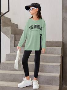 SHEIN Tween Girl Letter Graphic Split Hem Drop Shoulder Tee & Leggings - Mint Green - View 5
