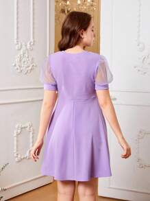 SHEIN Leap Crew Teen Girl Keyhole Neckline Contrast Mesh Puff Sleeve Dress - Mauve Purple - View 2
