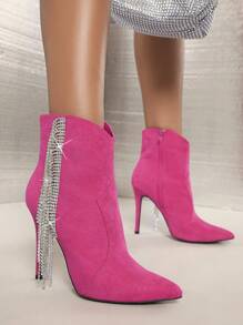 SHUZIA Faux Suede Rhinestone Fringe Detail Stiletto Heel Booties - Hot Pink - View 1