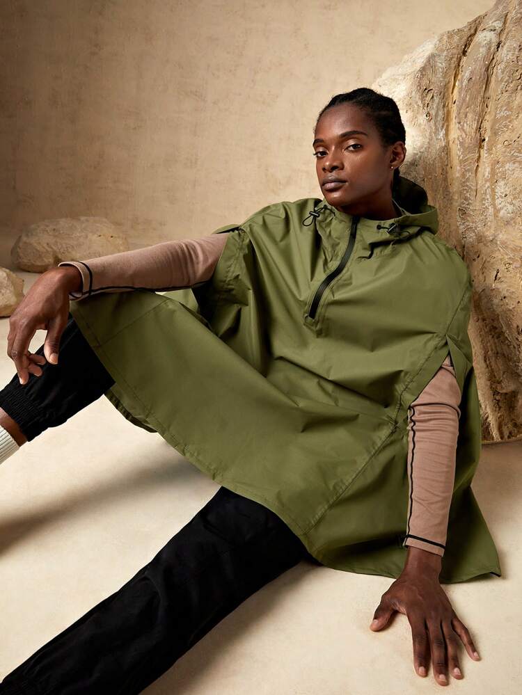 Men Zip Half Placket Hooded Cape Rain Jacket