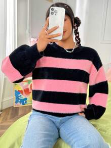 SHEIN EZwear Two Tone Drop Shoulder Fuzzy Sweater - Pink - View 1