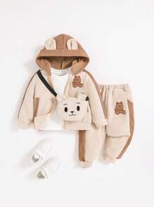 SHEIN 男嬰小熊印花3D耳朵設計連帽衫和運動褲&包 - 杏色 - 查看 1