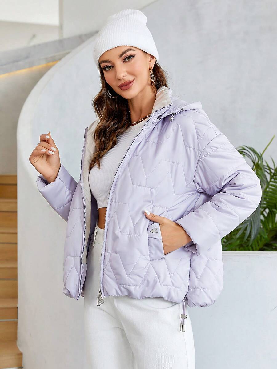 Cinemore 落肩抽绳下摆连帽夹棉大衣 - 紫色 - 查看 1