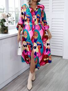 Calvaya Đầm dài thường ngày in hoa cổ polo tay dài xắn gấu cỡ lớn thích hợp cho đi chơi và dự tiệc - Nhiều màu - Xem 1