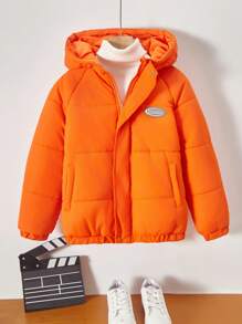 Tween Boy 1pc Letter Patched Detail Raglan Sleeve Hooded Padded Coat - Burnt Orange - View 1