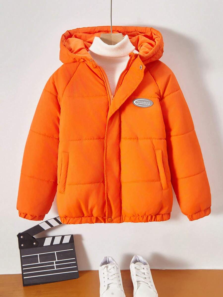 Tween Boy 1pc Letter Patched Detail Raglan Sleeve Hooded Padded Coat - Burnt Orange - View 1