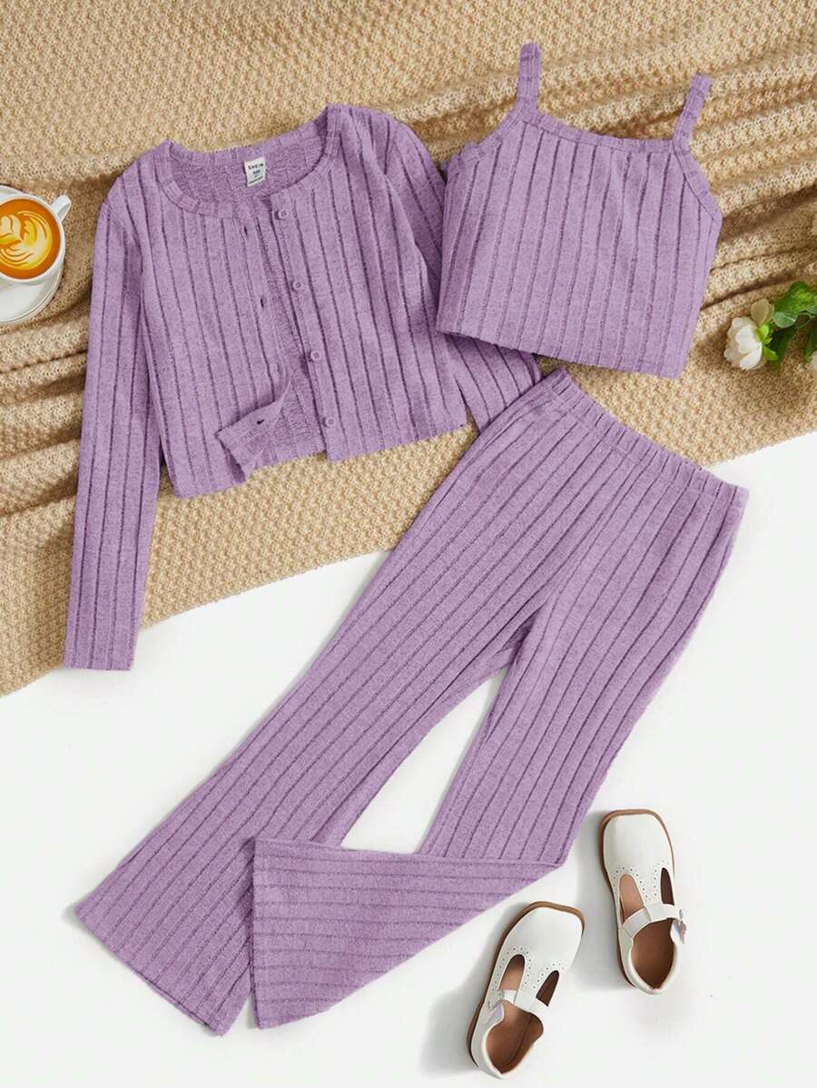 SHEIN Leap Crew Tween Girl Button Front Tee & Flare Leg Pants & Cami Top - Dusty Purple - View 1