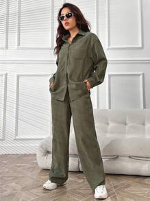 SHEIN Unity Solid Button Front Shirt & Flare Leg Pants - Army Green - View 6