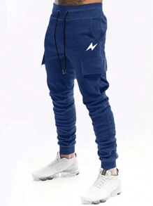 ROMWE MEN Street Life Nam In chớp Túi có nắp Eo dây rút Quần thể thao - Màu xanh hải quân - Xem 1