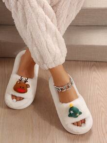 Của phụ nữ Đế dày Phim hoạt hình dễ thương Giáng sinh Dép đi trong nhà Với Lông Chi tiết - Màu be - Xem 3