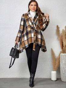 EMERY ROSE Plus Plaid Print Asymmetrical Hem Belted Overcoat - Multicolor - View 5